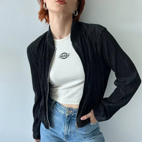 Zara Jackets Coats Zara Black Cropped Plisse Bomber Jacket